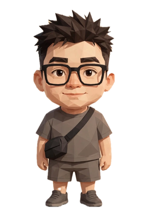 Duy Tran: glasses, spiky hair, a grey T-shirt and a sling bag